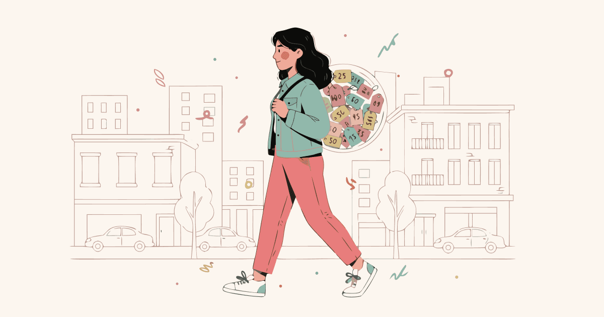 Illustrated young woman walking confidently through a city street, carrying a large transparent backpack filled with colorful price tags showing various dollar amounts, unaware of what she's carrying, on a warm cream background with hand-drawn doodle marks scattered around.
