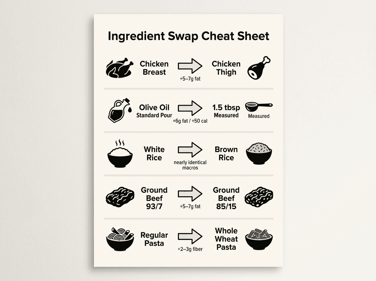 Ingredient swap cheat sheet infographic showing macro differences for five common home cooking substitutions