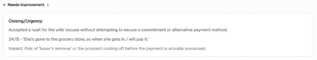 A Kendo Feedback tab note under Needs improvement: a Closing/Urgency card with a timestamped quote from the call and its impact.