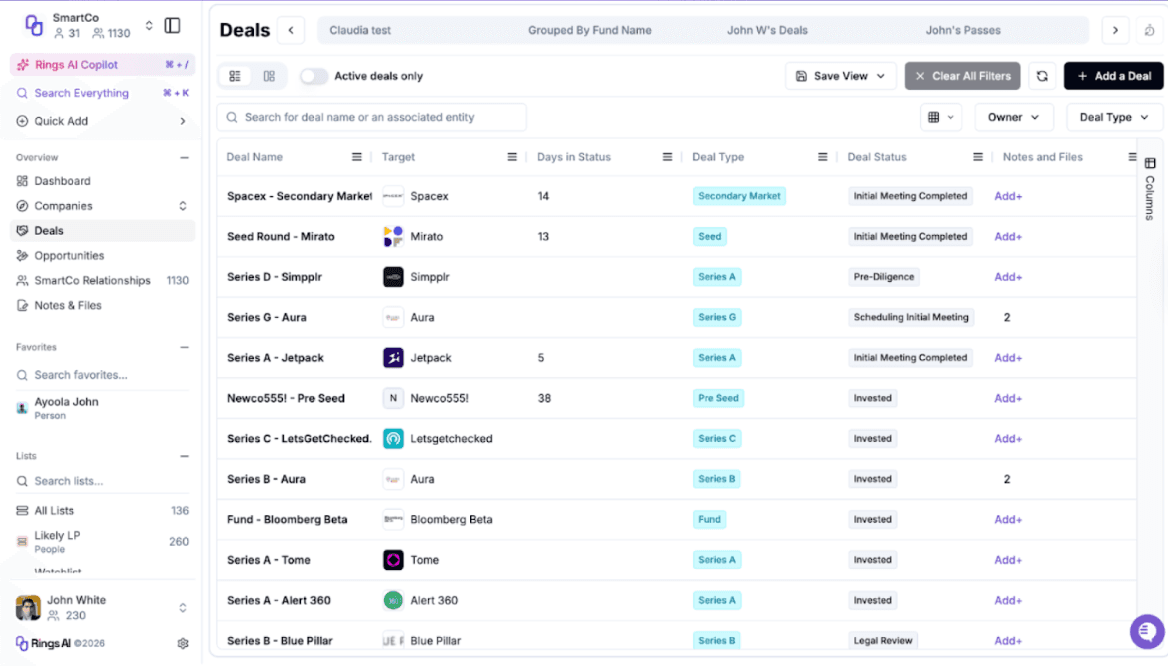 Rings AI shows relationship strength, activity history, and company context across your firm’s network so teams can understand how contacts connect and where relationships stand.