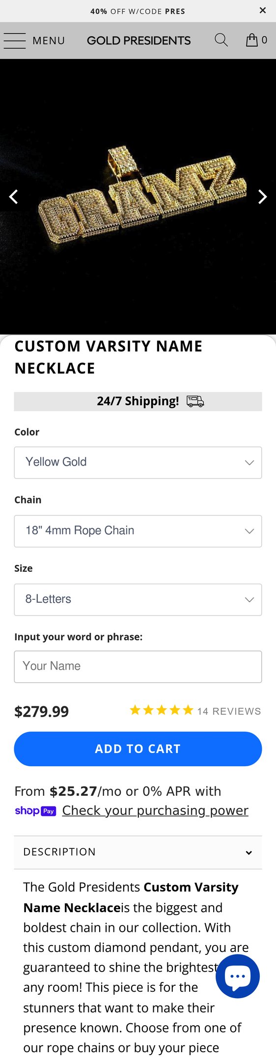 Jewelry product options include: necklace, pendant, chain for Custom Varsity Name Necklace from Pres.