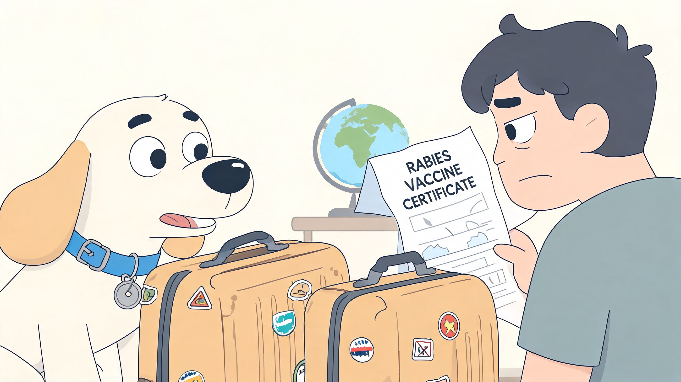 A man with a worried expression looks at a dog's rabies vaccine certificate before traveling.