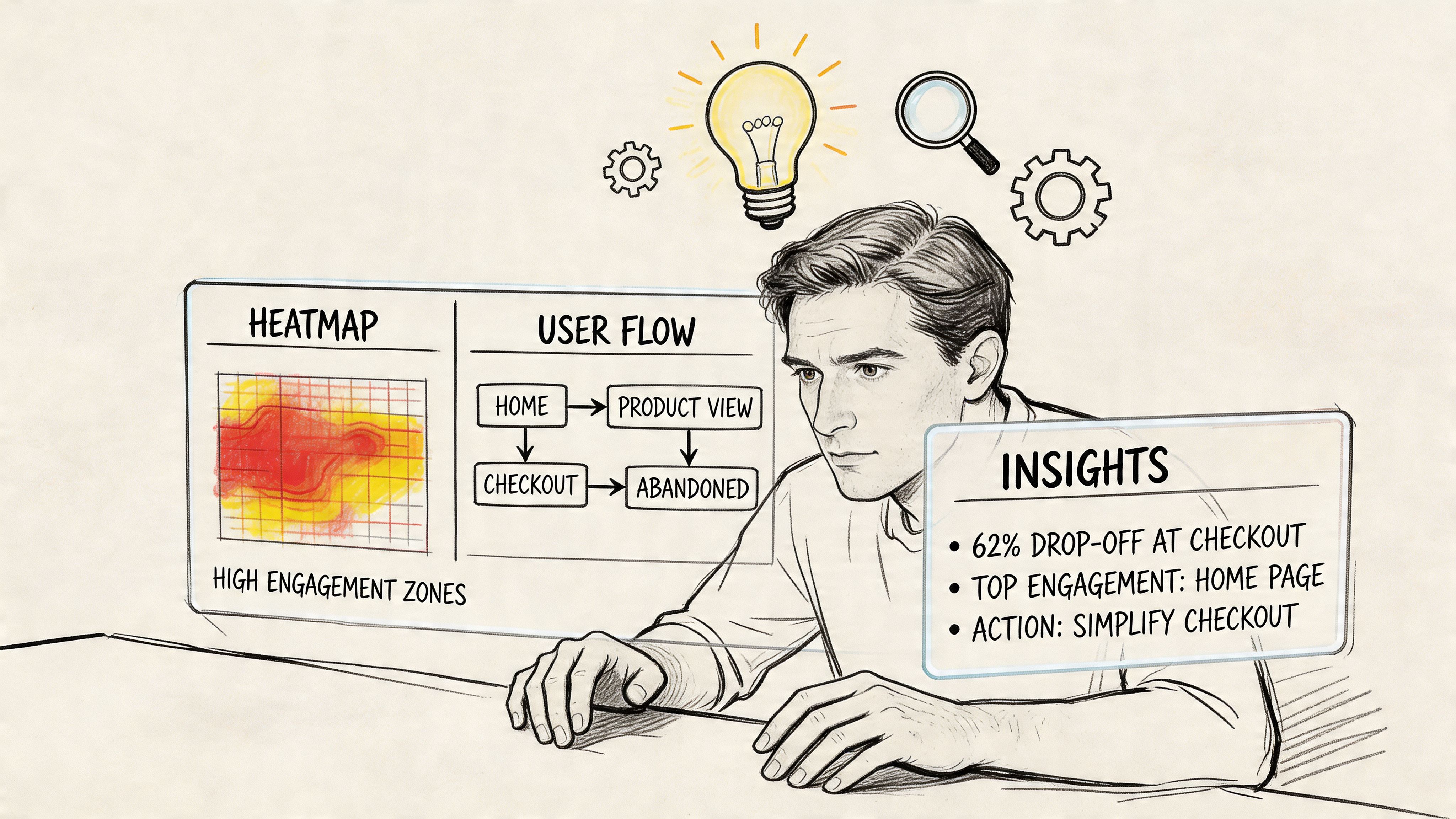 A man analyzing website data with visual charts showing heatmaps, user flows, and checkout drop-off insights.