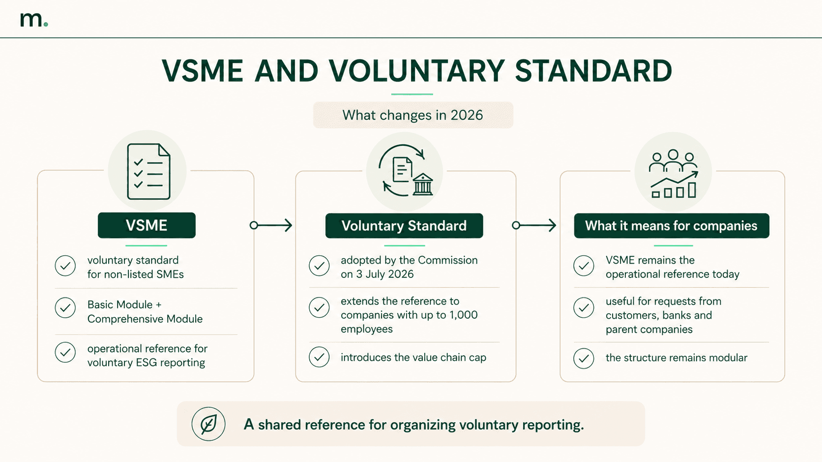 Infographic explaining the transition from VSME to the Voluntary Standard and its impact on companies in 2026.