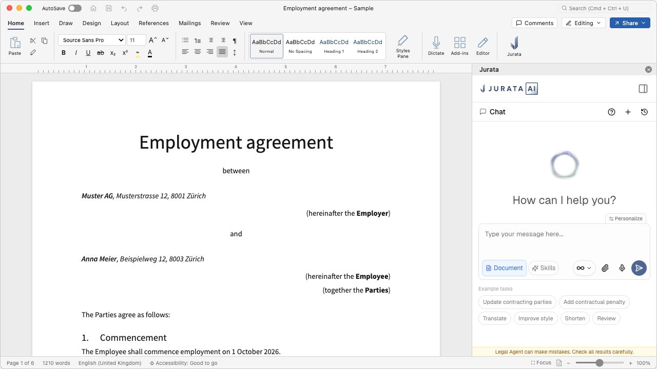 Jurata Word Add-in beside an employment agreement in Microsoft Word
