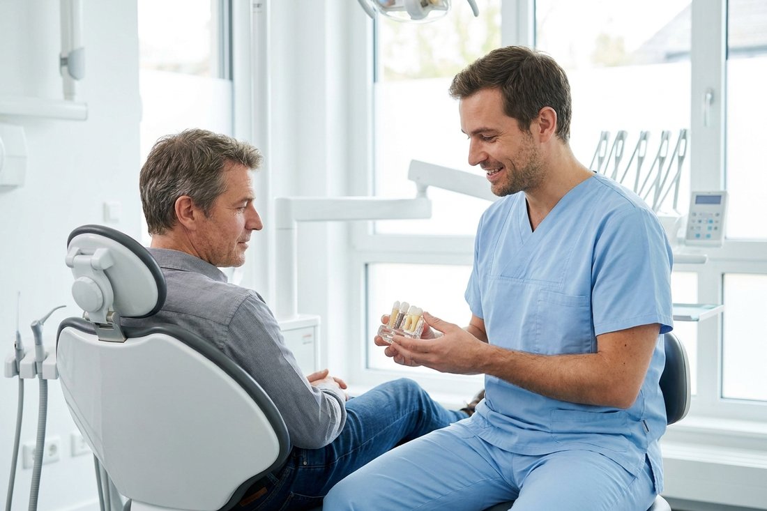 Dentist explaining a dental implant model to a patient during a consultation