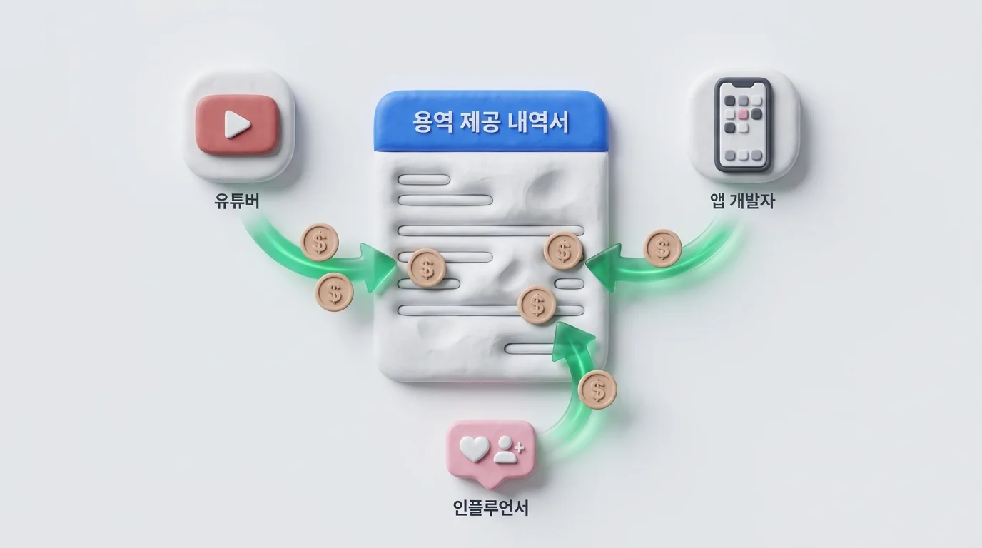 용역 제공 내역서 작성 대상인 유튜버, 앱 개발자, 인플루언서의 외화 수익 도해