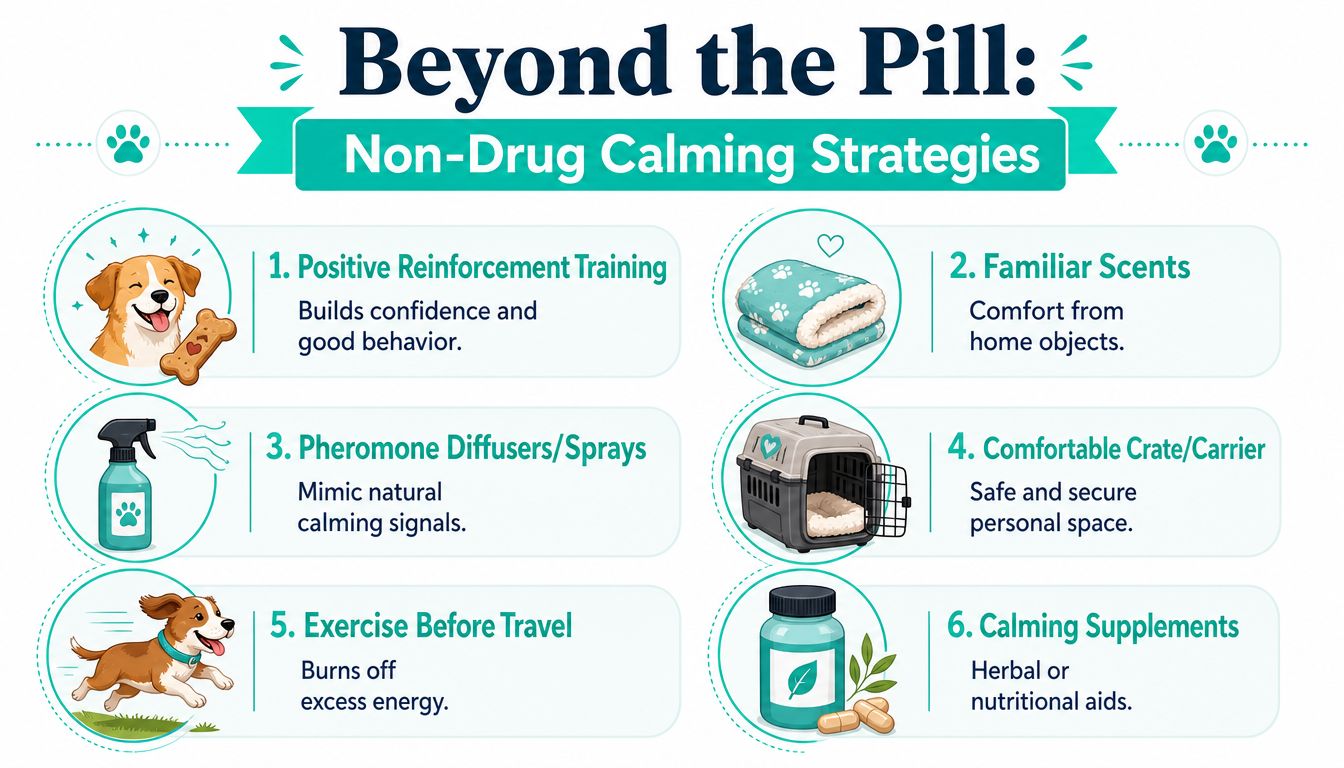 An infographic titled Beyond the Pill listing six non-drug strategies to calm dogs during travel.