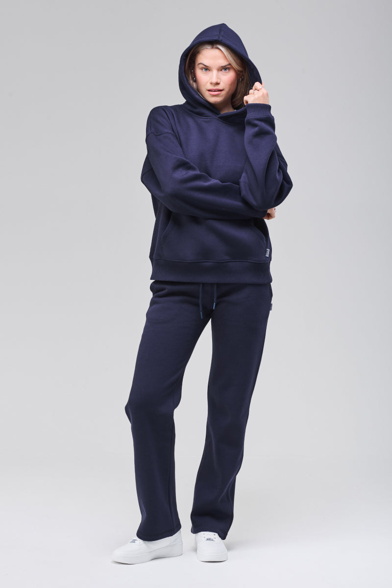 Hood up, front view, cozy heavyweight fabric