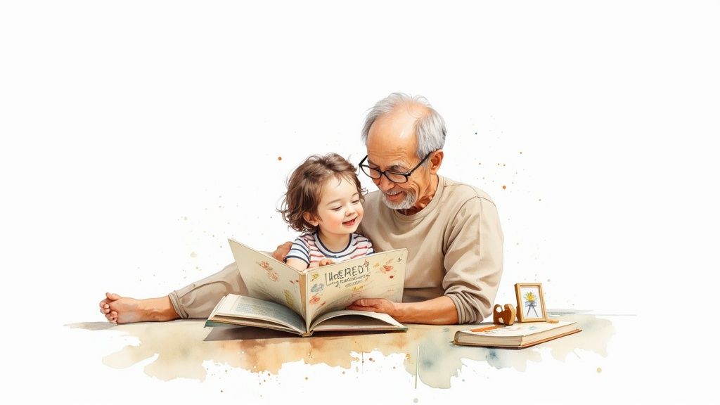 A happy grandfather and toddler child joyfully reading a book together, smiling warmly.