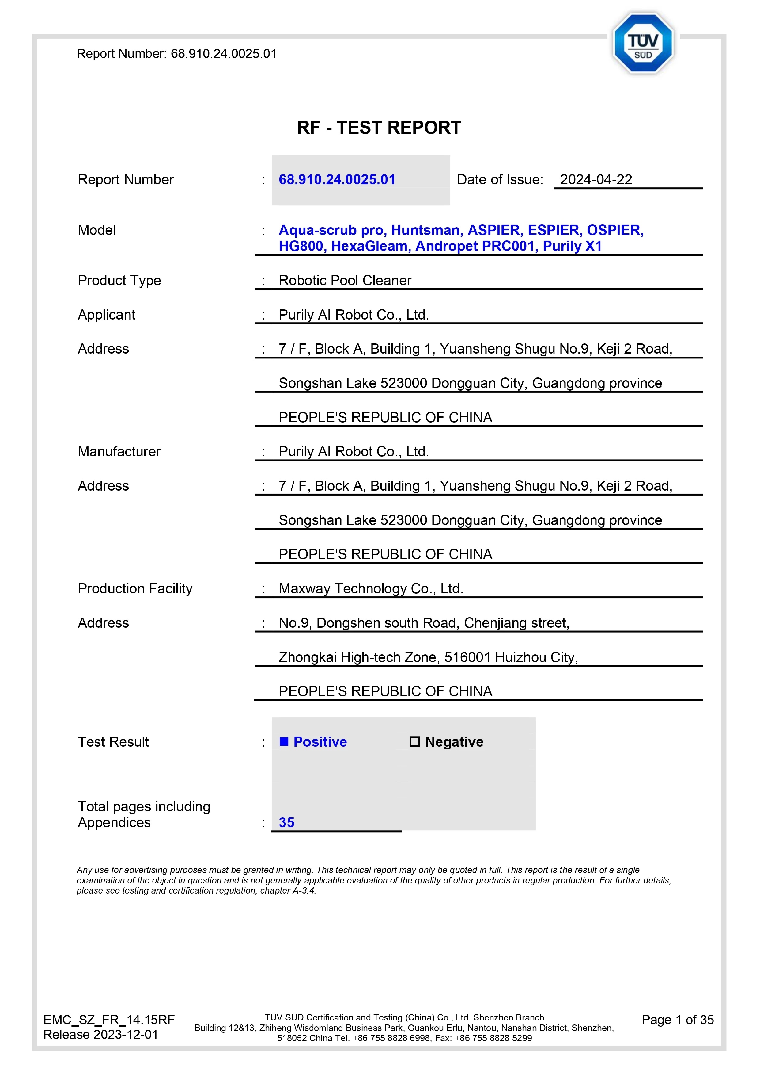 Radio Equipment Directive certification for PURILY pool cleaners