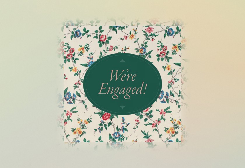 Rustic floral engagement invitation design with charming handwritten typography and botanical frame