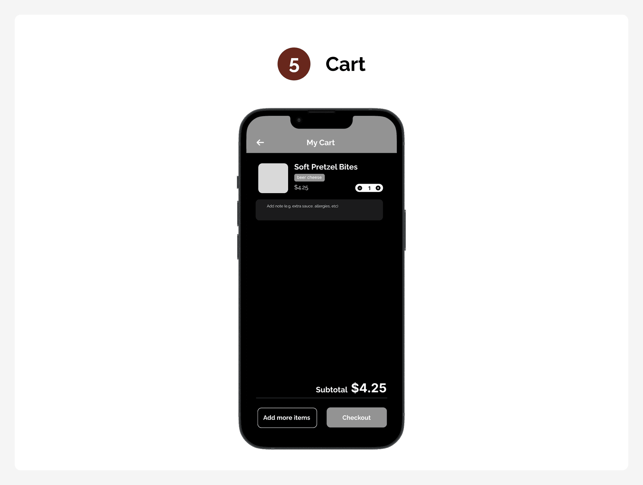 Step 5 of the Moovy Bites experience, providing a centralized cart where users can verify order details, make adjustments, and confirm their selections before payment.
