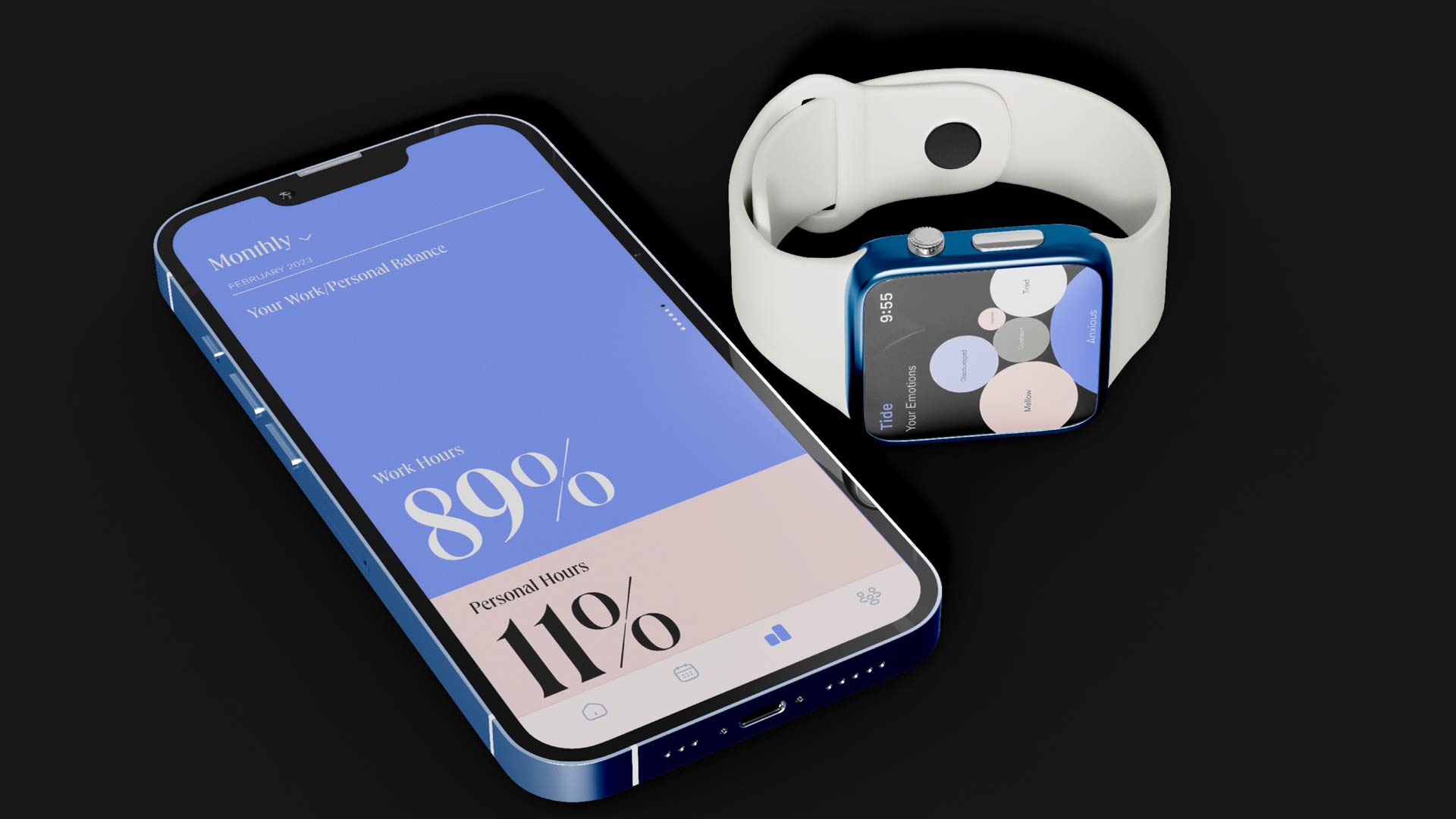 A smartphone displays a monthly work/personal balance screen showing 89% work hours and 11% personal hours. A white Apple Watch with a white band is positioned to the right of the phone. Both devices are set against a black background.