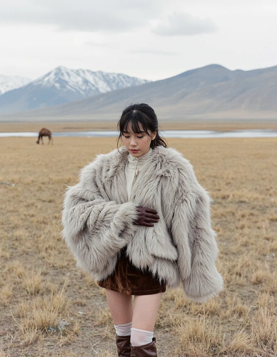 Fashion scene featuring a luxurious faux fur coat against mountainous landscape with golden plains and snow-capped peaks in the distance