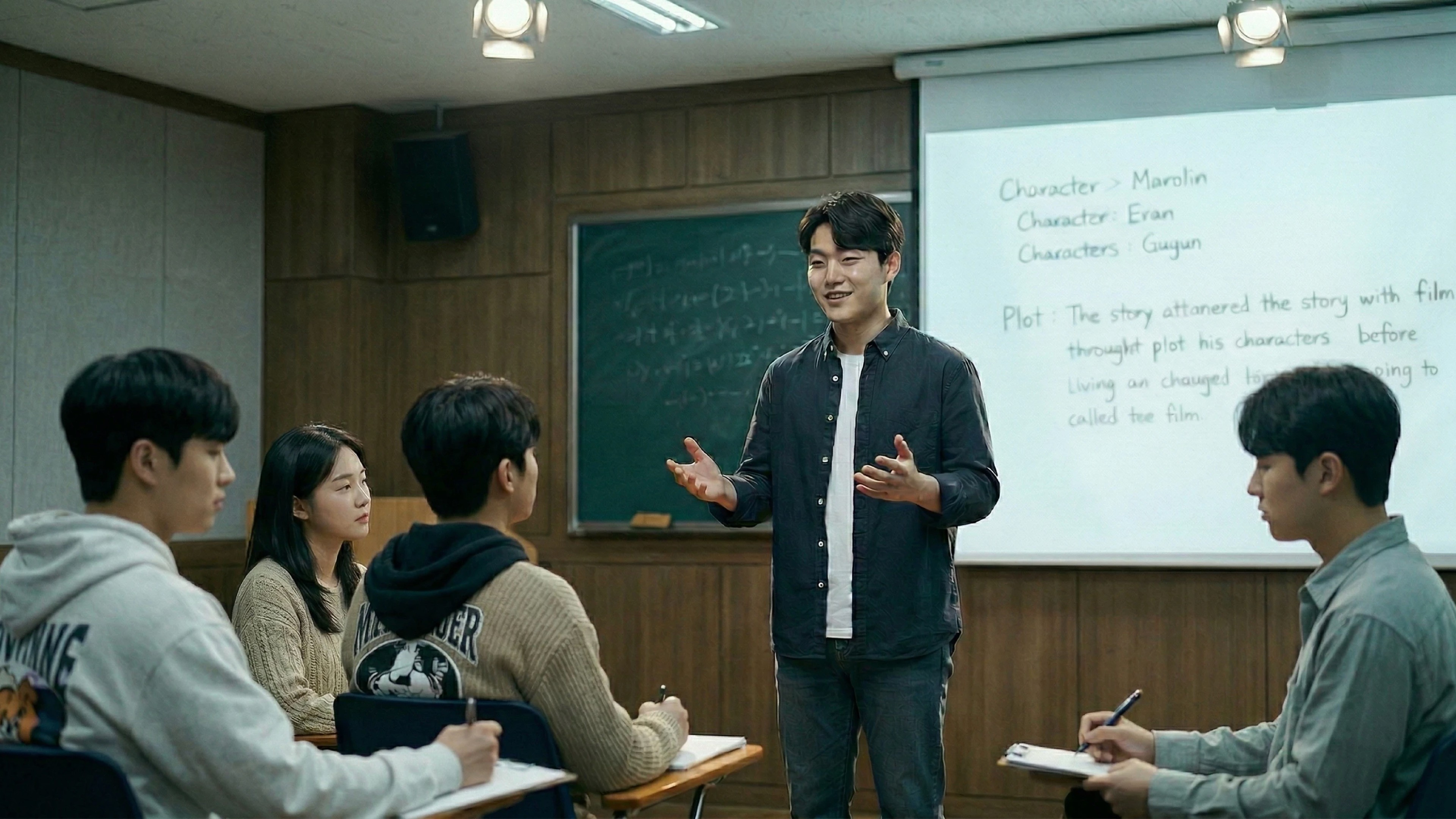 영화과 스토리텔링 실기 수업에서 학생이 캐릭터 설정과 플롯 구성이 적힌 화이트보드 앞에서 자신의 시놉시스를 발표하고 있다. 대학별 스토리텔링 실기 준비를 위한 연습 장면.