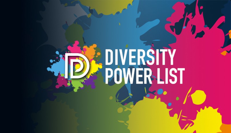 The Diversity Power List logo featuring a stylized "D" with colorful paint splashes in pink, yellow, blue and green against a dark gradient background, with "DIVERSITY POWER LIST" text in white.