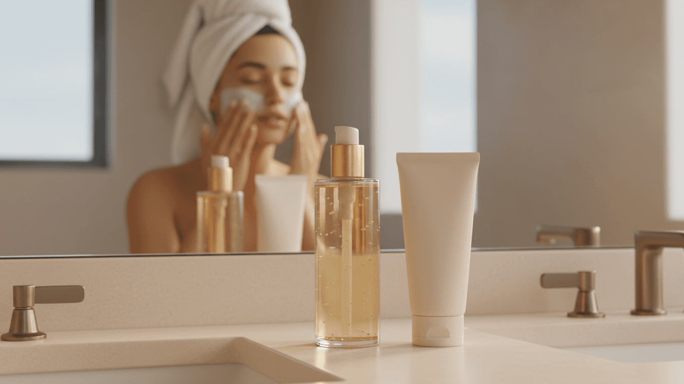 on a cream‑colored sink, two elegant unbranded cleansers stand side by side—a cleansing oil in a clear pump bottle and a gentle gel cleanser in a soft opaque tube