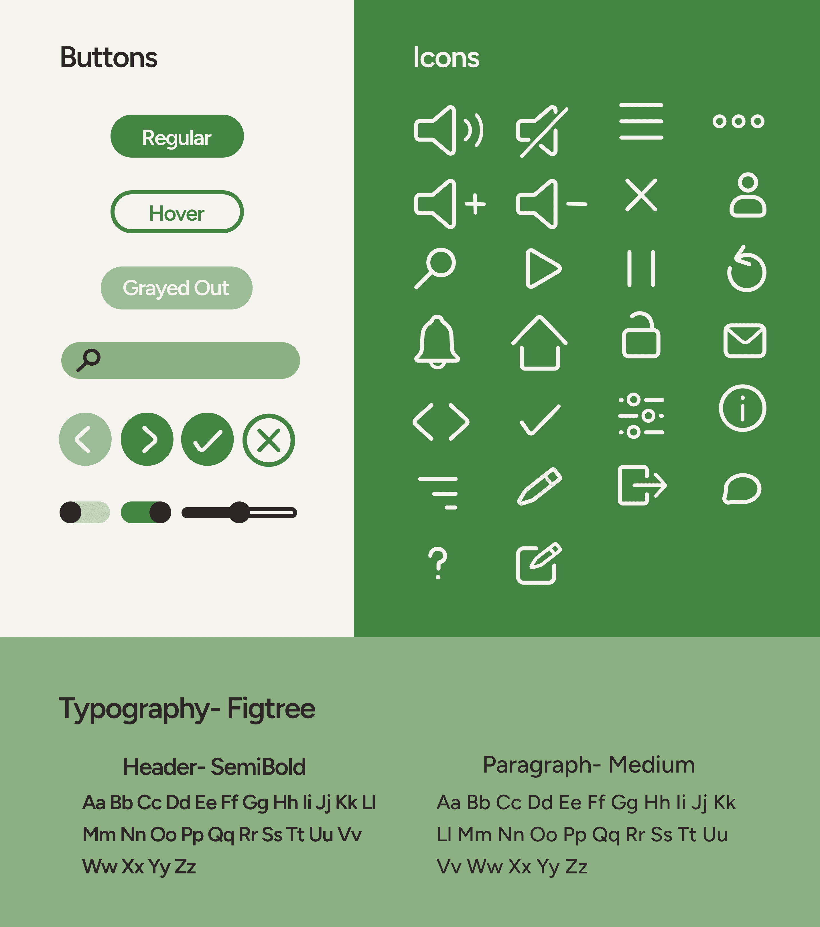 A brand style tile featuring a library of custom UI icons and typography samples for the 'Figtree' font family.