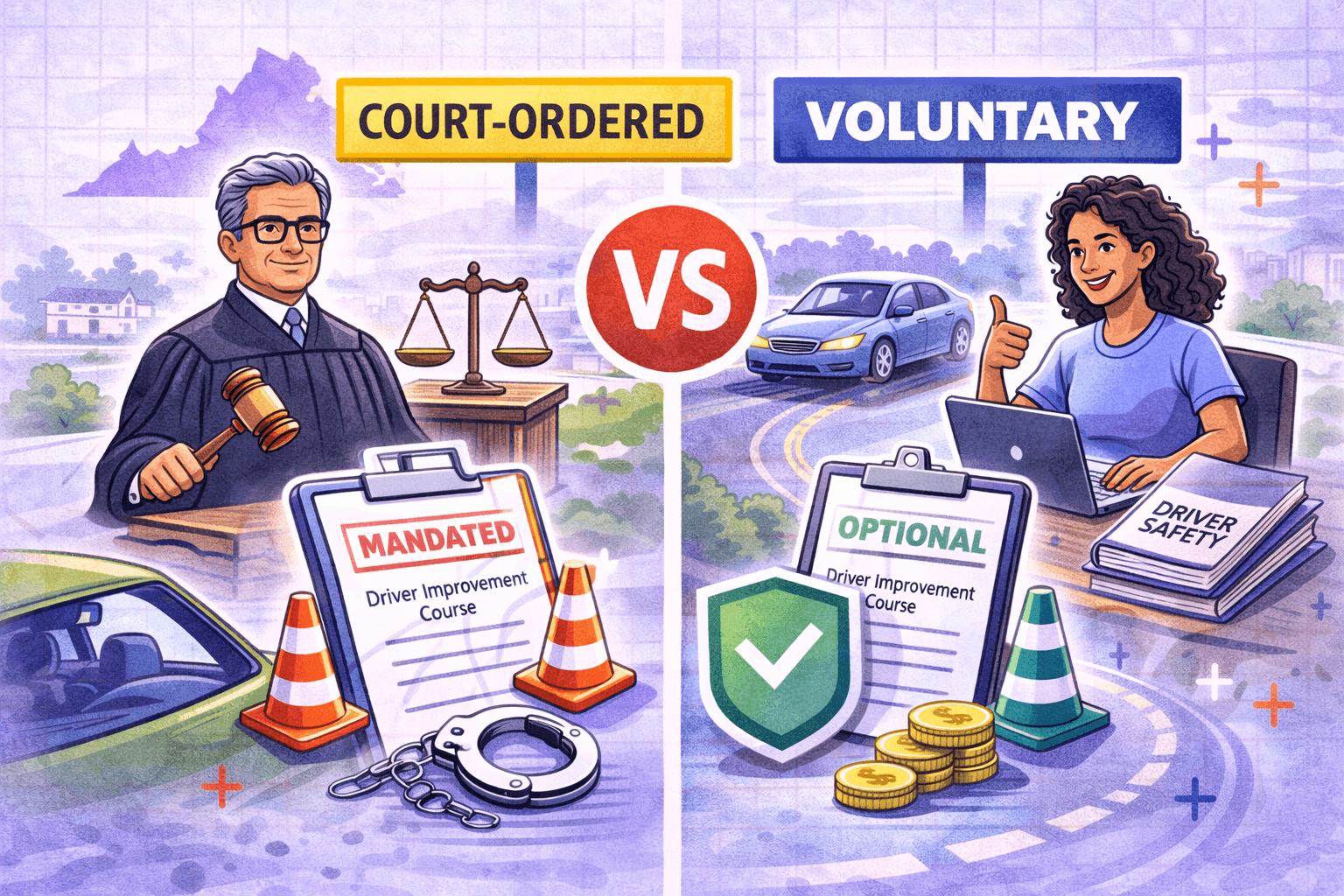 Court-ordered vs voluntary driver improvement in Virginia infographic with judge and online student