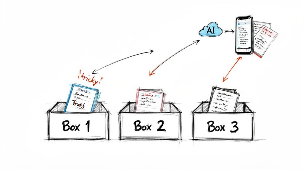 Learning system with notes in boxes, AI processing, and smartphone display for spaced repetition study.