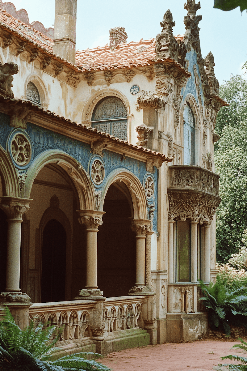 Terracotta stucco space with intersecting arches and warm sunlight creating geometric shadows.