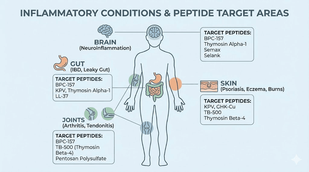 Inflammation peptides targeting different body areas and conditions