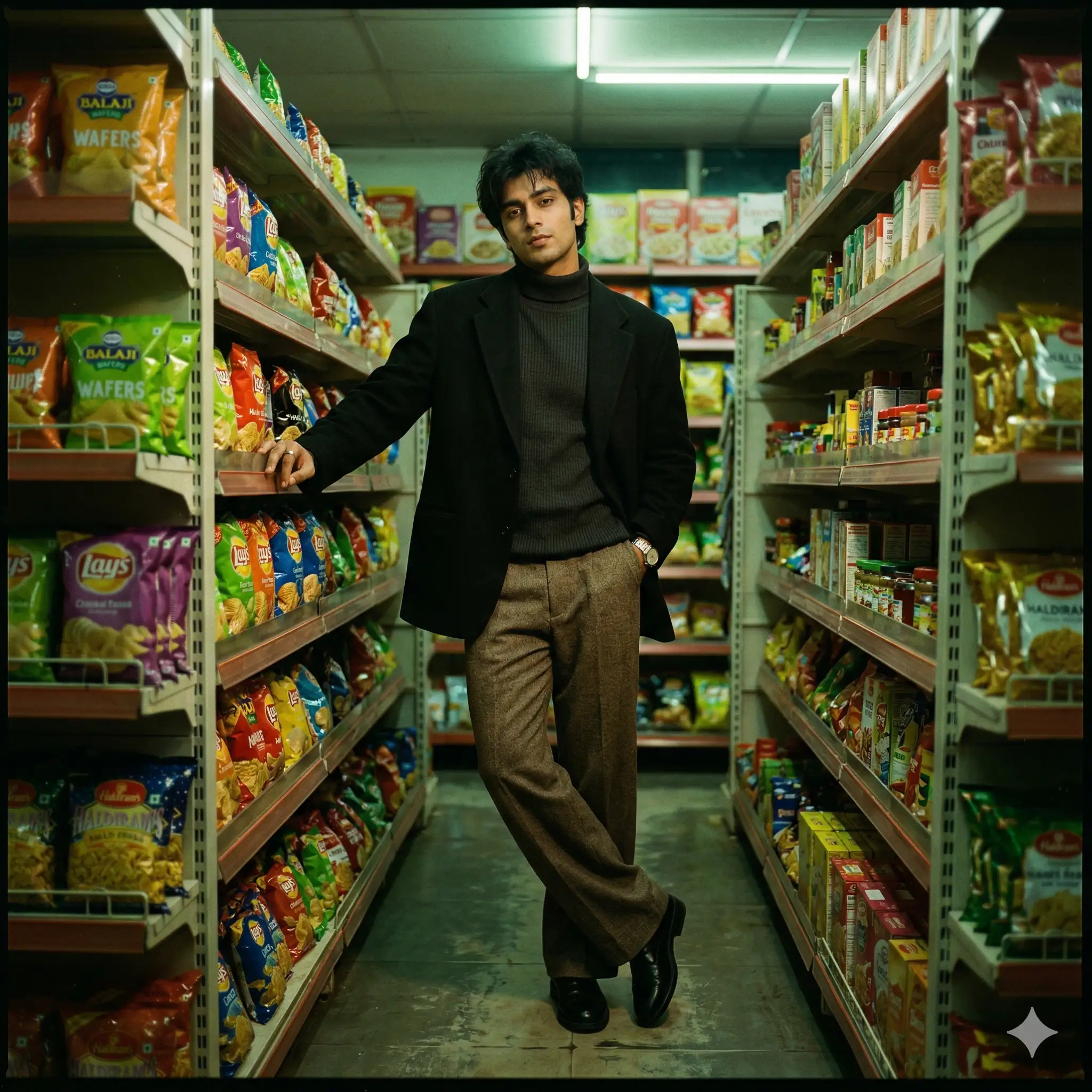 AI-generated portrait of a young man in a blazer and turtleneck leaning casually against grocery store shelves stocked with chip bags. Created for the AI marketing portfolio of Mahendra R.