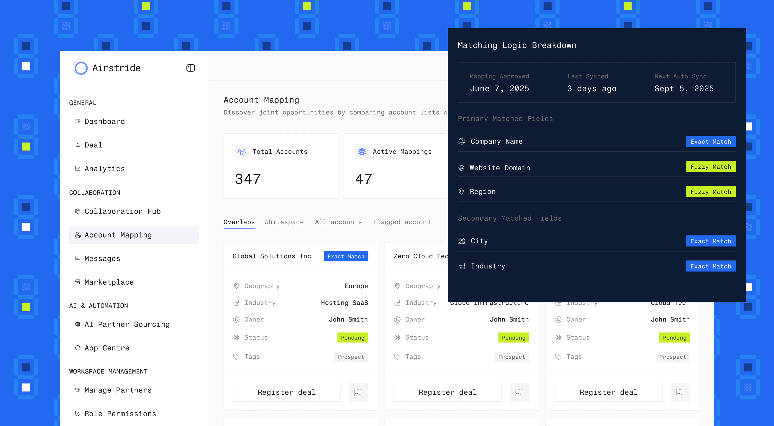 Airstride AI partner management platform dashboard showing automated partner sourcing and deal flow.