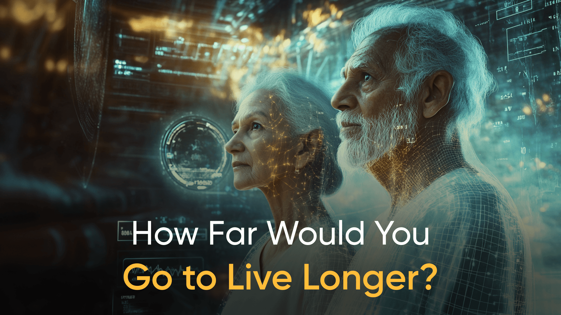 Elderly couple in a futuristic setting exploring longevity and technology