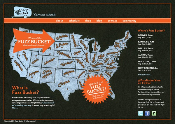 A screenshot of a website titled "Yarn on wheels" displays a map of the United States with states outlined in gray. A large orange arrow points to the map with the text "We want the FUZZ BUCKET!" and "Request a visit here...". Below the map, a text box asks "What is Fuzz Bucket?" and a smaller text box says "I spotted the FUZZ BUCKET!" with instructions to click and tell them where they are. The website includes navigation links for "about," "schedule," "shop," "blog," "contact," and "community." Social media icons for Facebook, Twitter, and Pinterest are displayed at the bottom right.