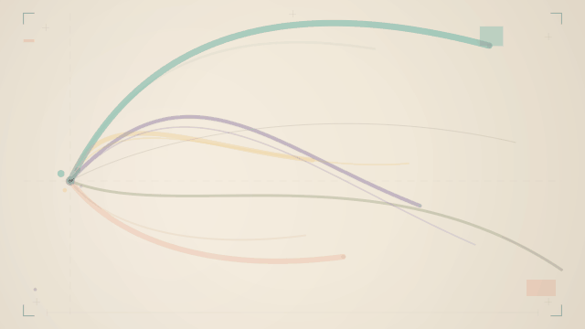 Colorful abstract illustration on warm linen of three stacked cost tier bands — narrow teal at the bottom, medium coral in the middle, wide golden at the top — each rendered as bold swooping horizontal arcs with increasing thickness, evoking nonprofit video production budget tiers scaling upward in scope and output.