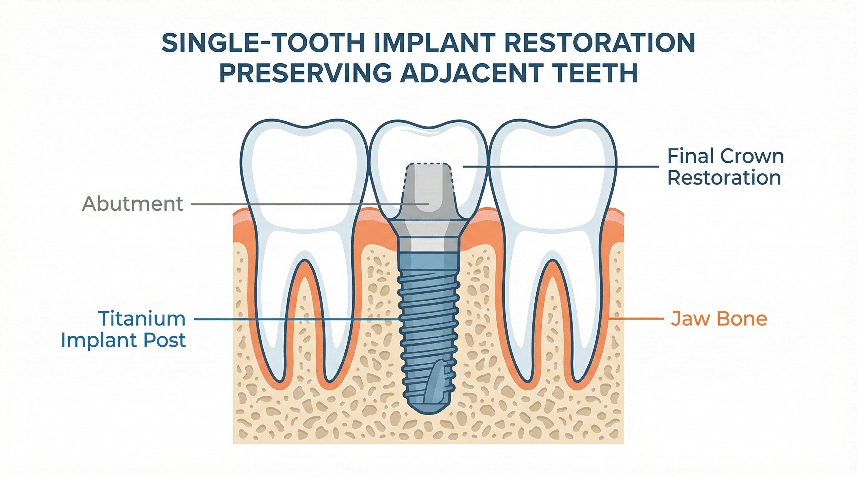 Medical illustration showing dental implant anatomy with titanium post, abutment, and crown, preserving adjacent teeth