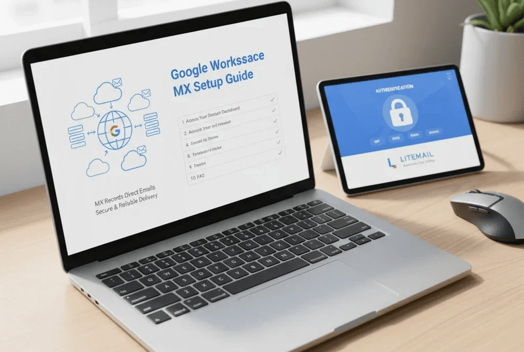 Laptop showing Google Workspace MX setup guide on a desk