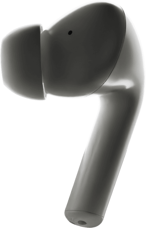 Close-up of a single black wireless earbud on a plain background.