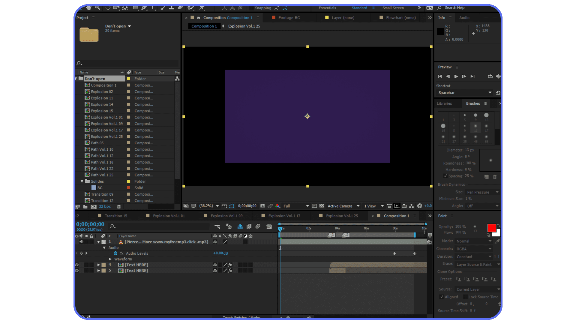 After Effects workspace displaying composition preview, organized timeline, and project panel