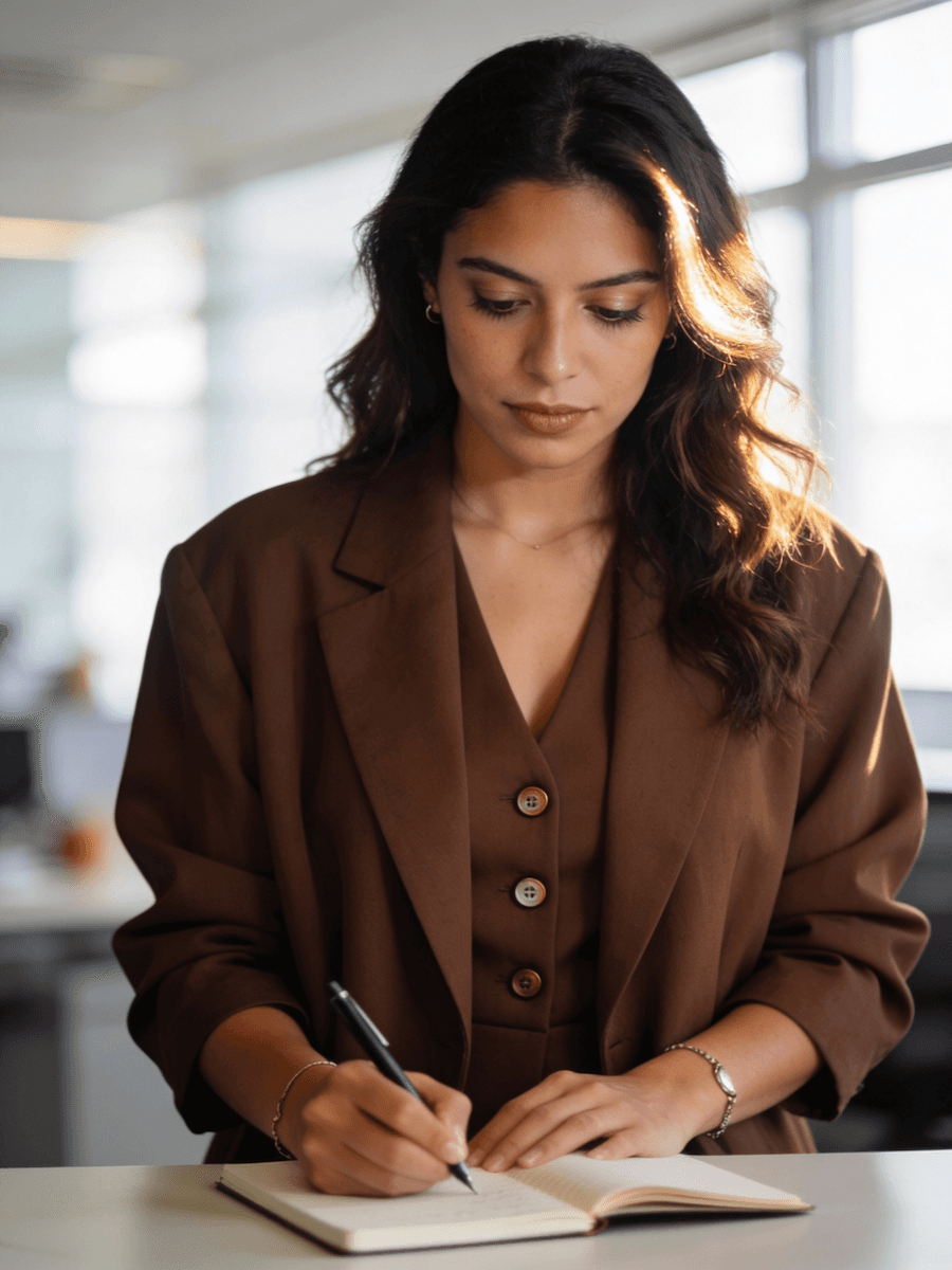A professional woman in a brown blazer writes in a notebook, focused in a well-lit office setting with natural light.