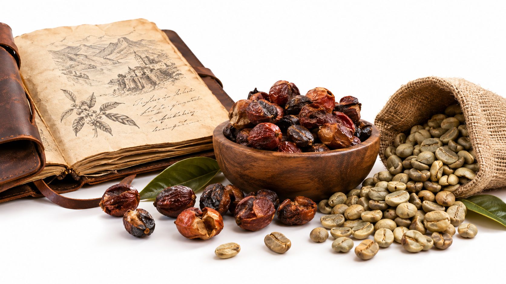A rustic arrangement featuring an open vintage book, a wooden bowl of coffee cherries, and raw green coffee beans.