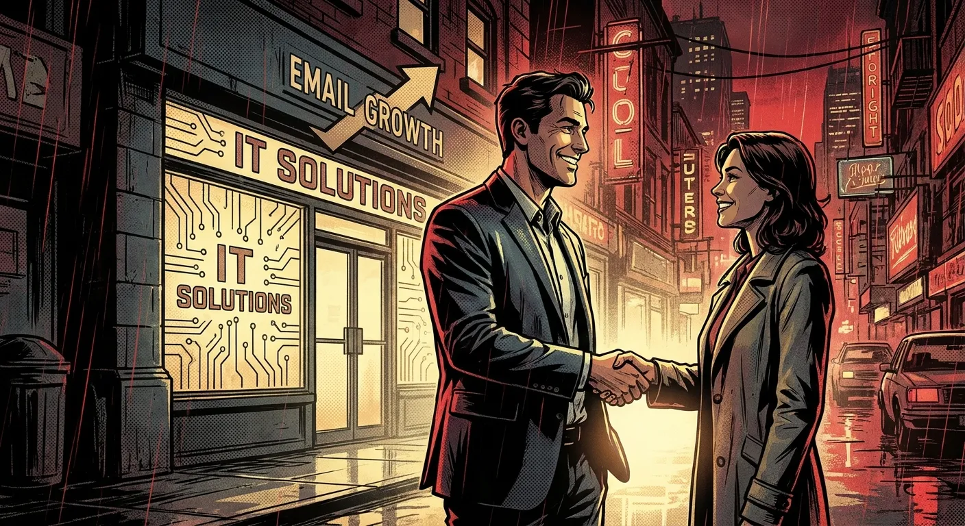 Man and woman shaking hands on a vibrant street, RockN' Socials Digital Marketing Agency.