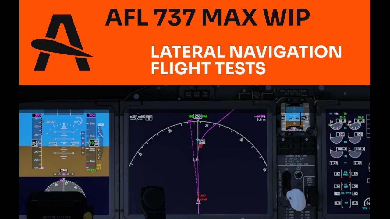 AFL 737 MAX WIP video card showing the navigation display with a magenta route during lateral navigation flight tests