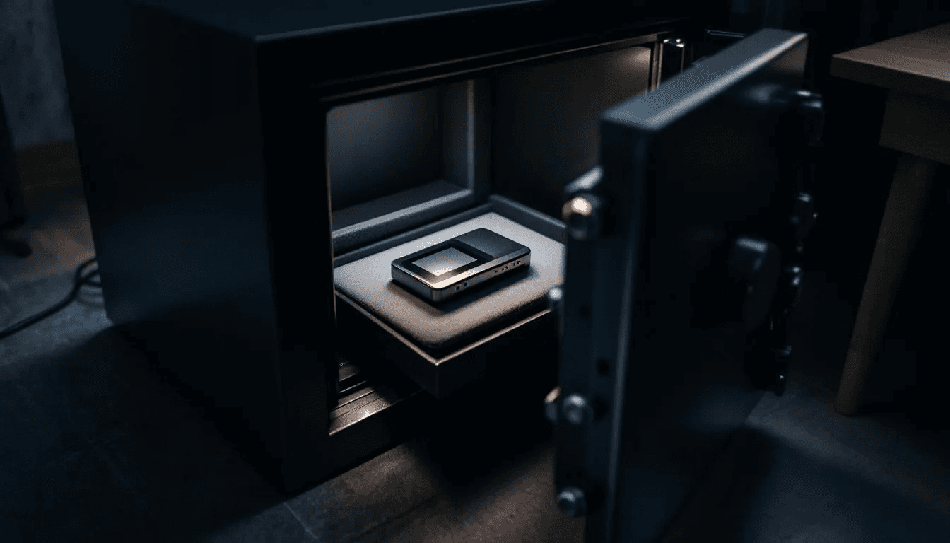 The image depicts a hardware wallet securely stored in a safe, emphasizing the importance of hardware wallet security for protecting digital assets. This physical device is designed to keep private keys offline, ensuring a completely secure environment for managing cryptocurrency.