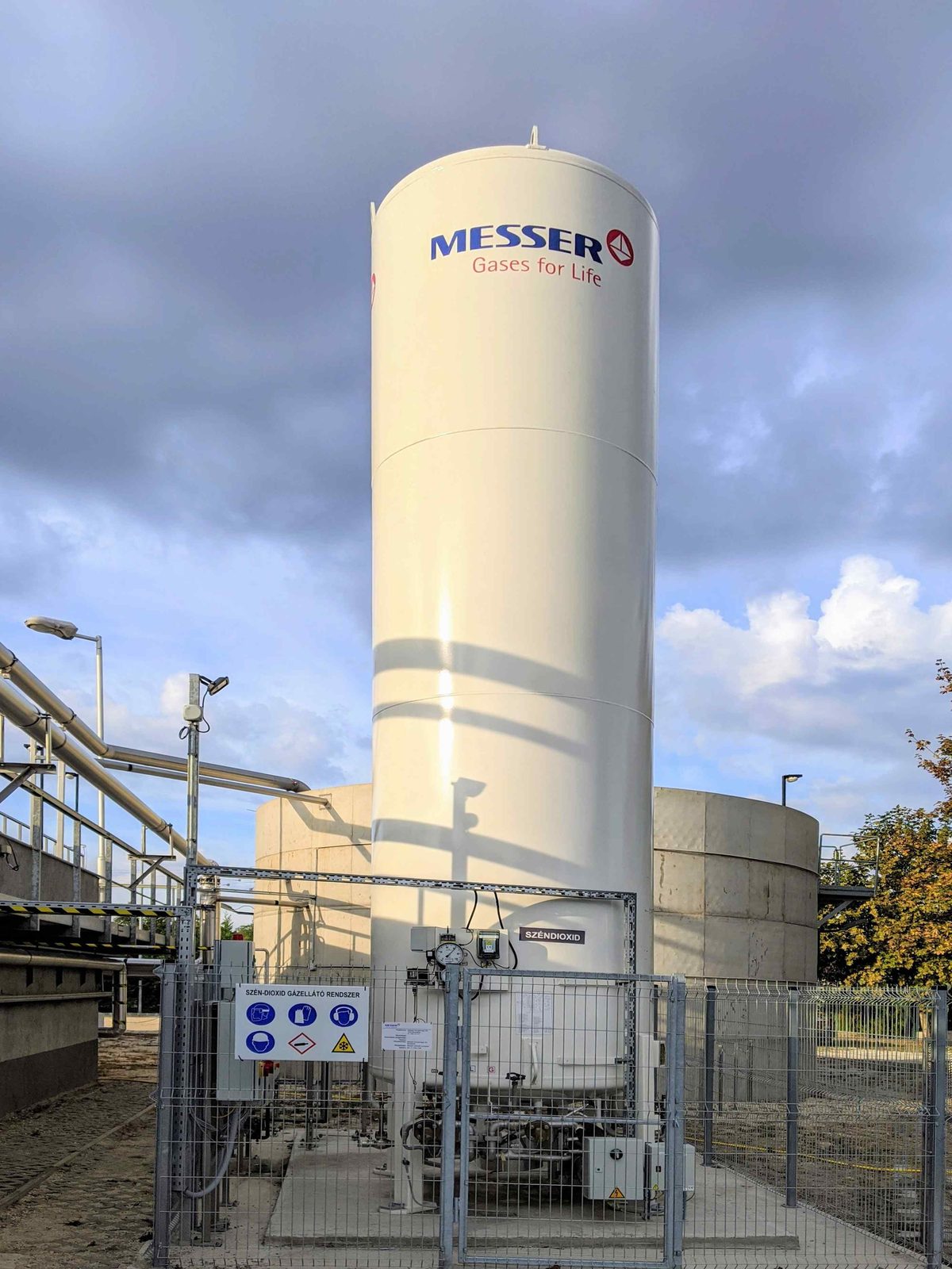 Oxygen storage tank beside the treatment basins at the Xellia wastewater plant, Budapest, Hungary