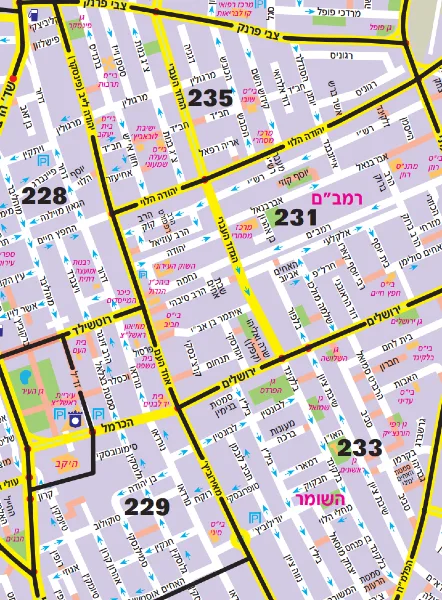 מפת הפצה מפורטת של חברת עלונים, המציגה חלוקה מדויקת לשכונות ולאזורים ממוספרים (כמו אזור 235, 231, 228) לצורך תכנון ובקרת חלוקת פליירים בשטח.