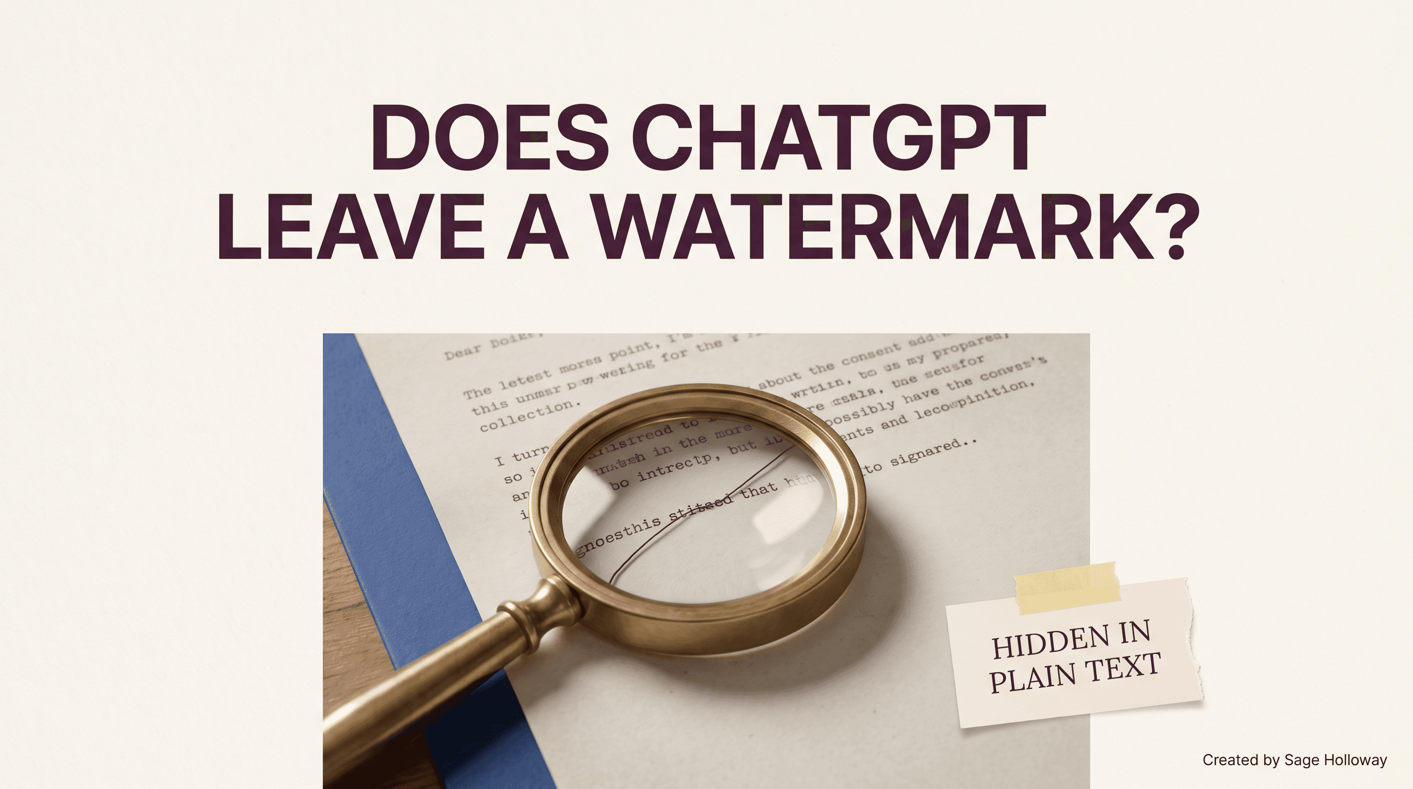 Magnifying glass revealing a hidden thread woven through printed text, symbolizing ChatGPT's invisible watermark