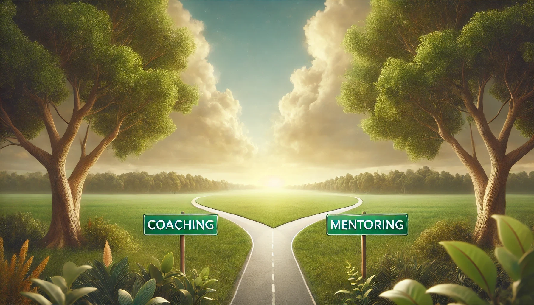 Blog cover image depicting two diverging paths in a lush green park, labeled 'Coaching' and 'Mentoring'. The scene is set under a bright sky with a few clouds, symbolizing the decision between two growth paths.