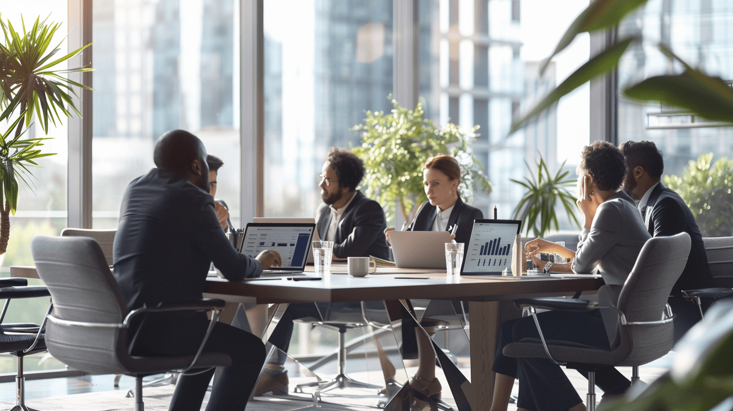 A man wearing glasses and a blazer working at a desk, writing in a notebook beside a computer monitor in a modern office.