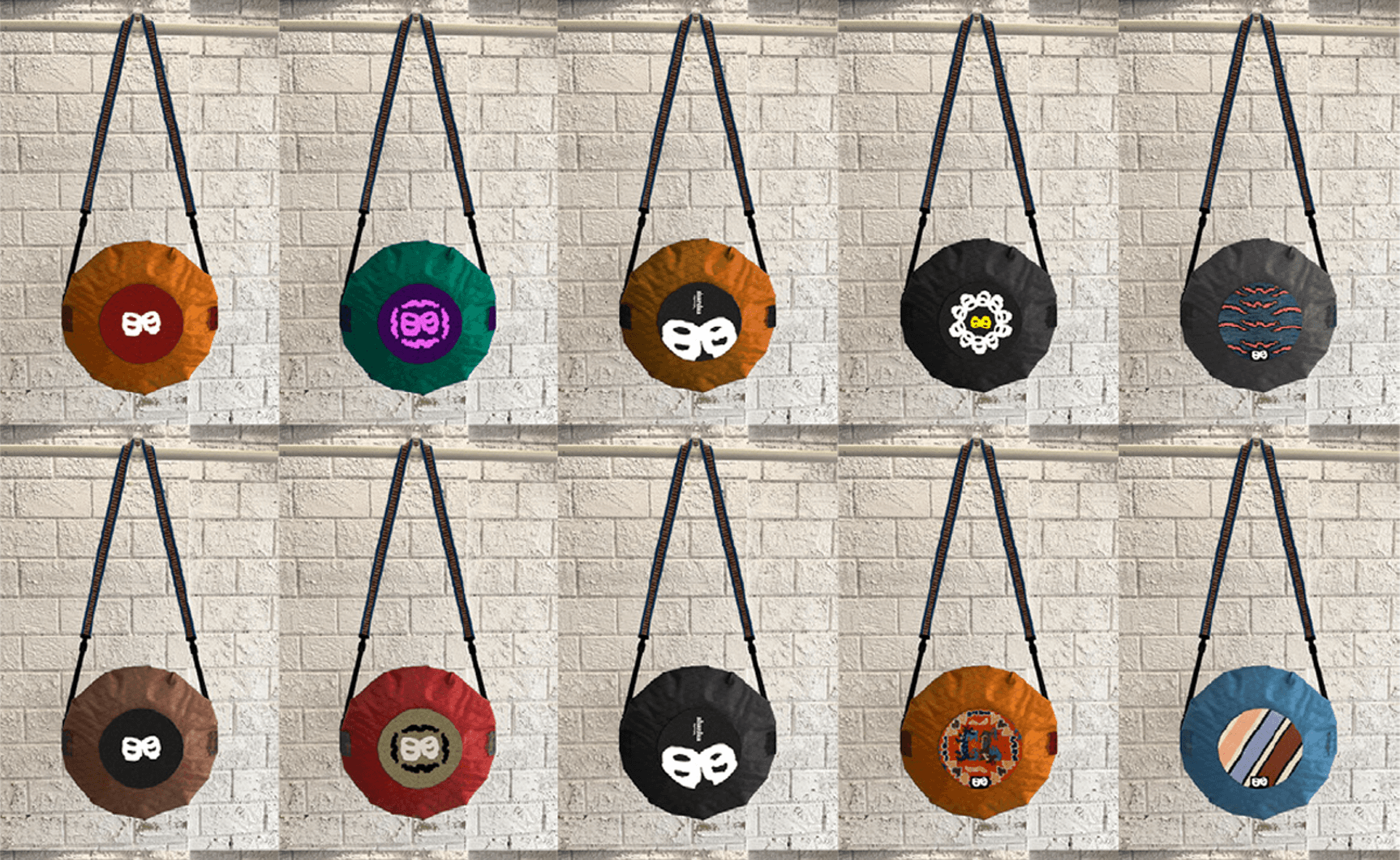 Render of ten circular Shaardaa cross-body bags in various colors and graphic patterns, showcasing the accessories line.