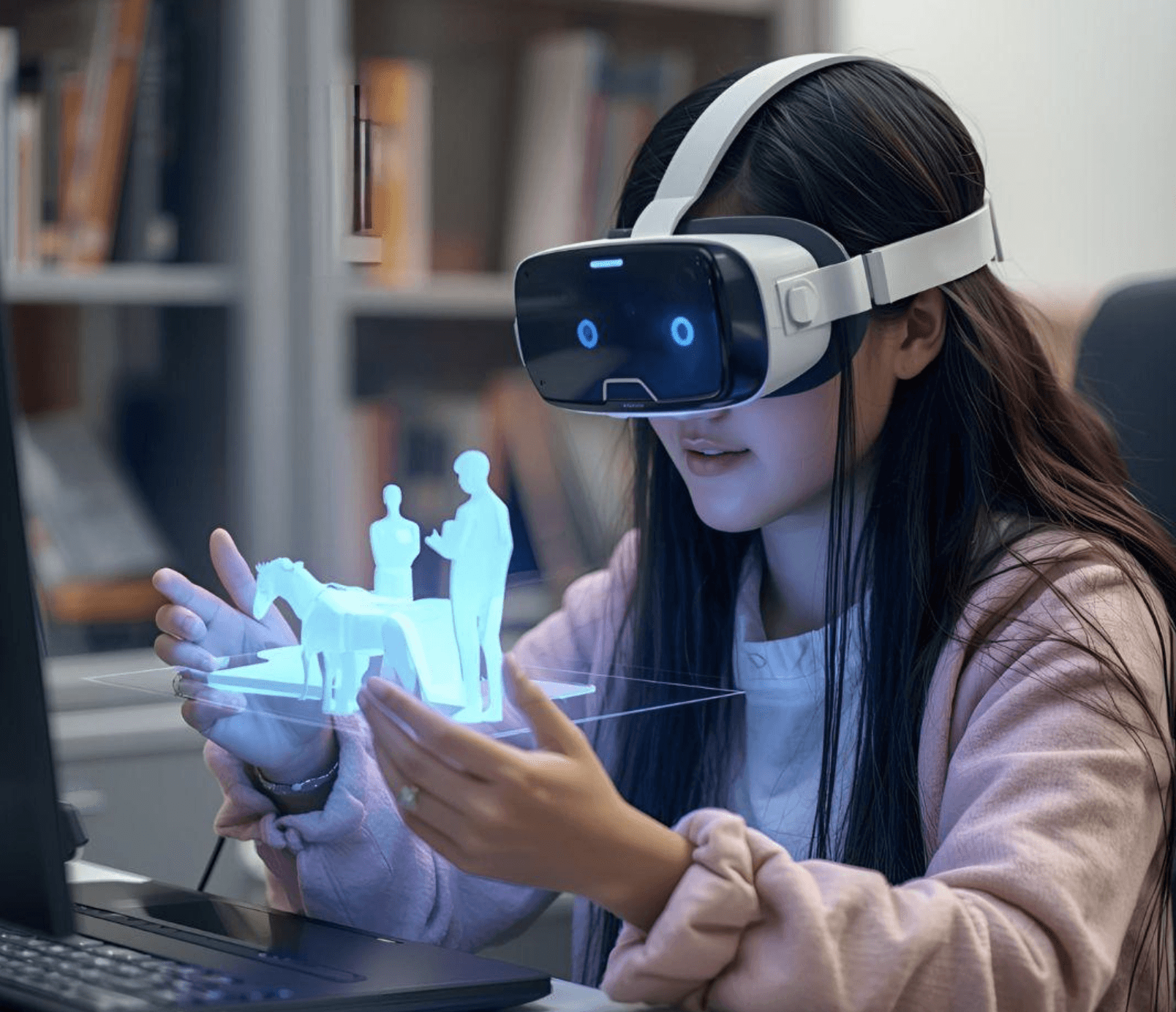 A student participates in remote learning from home using augmented reality, interacting with a 3D holographic model guided by an online teacher. The immersive AR experience enhances engagement, helps translate theoretical concepts into practical understanding, and allows the learner to progress at a personalized pace despite physical distance.