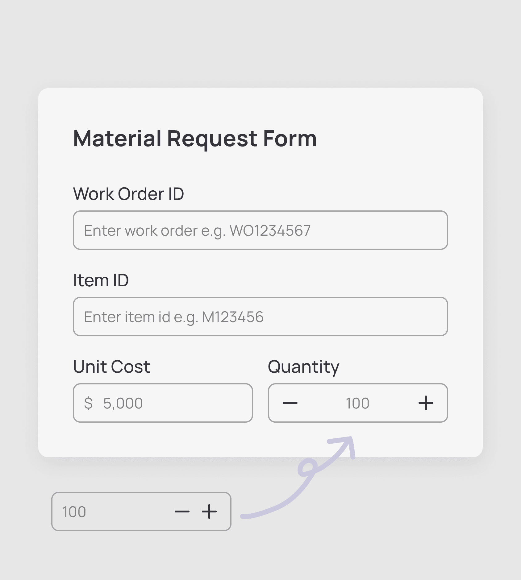 Material Request Form with 4 text fields: Work Order ID, Item ID, Unit Cost, and Quantity (new and old versions)