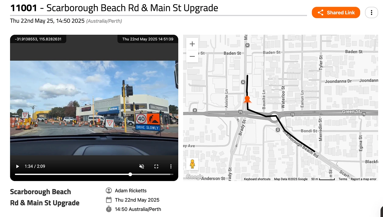 SiteStory story screenshot showing video playback and gps breadcrumbs path